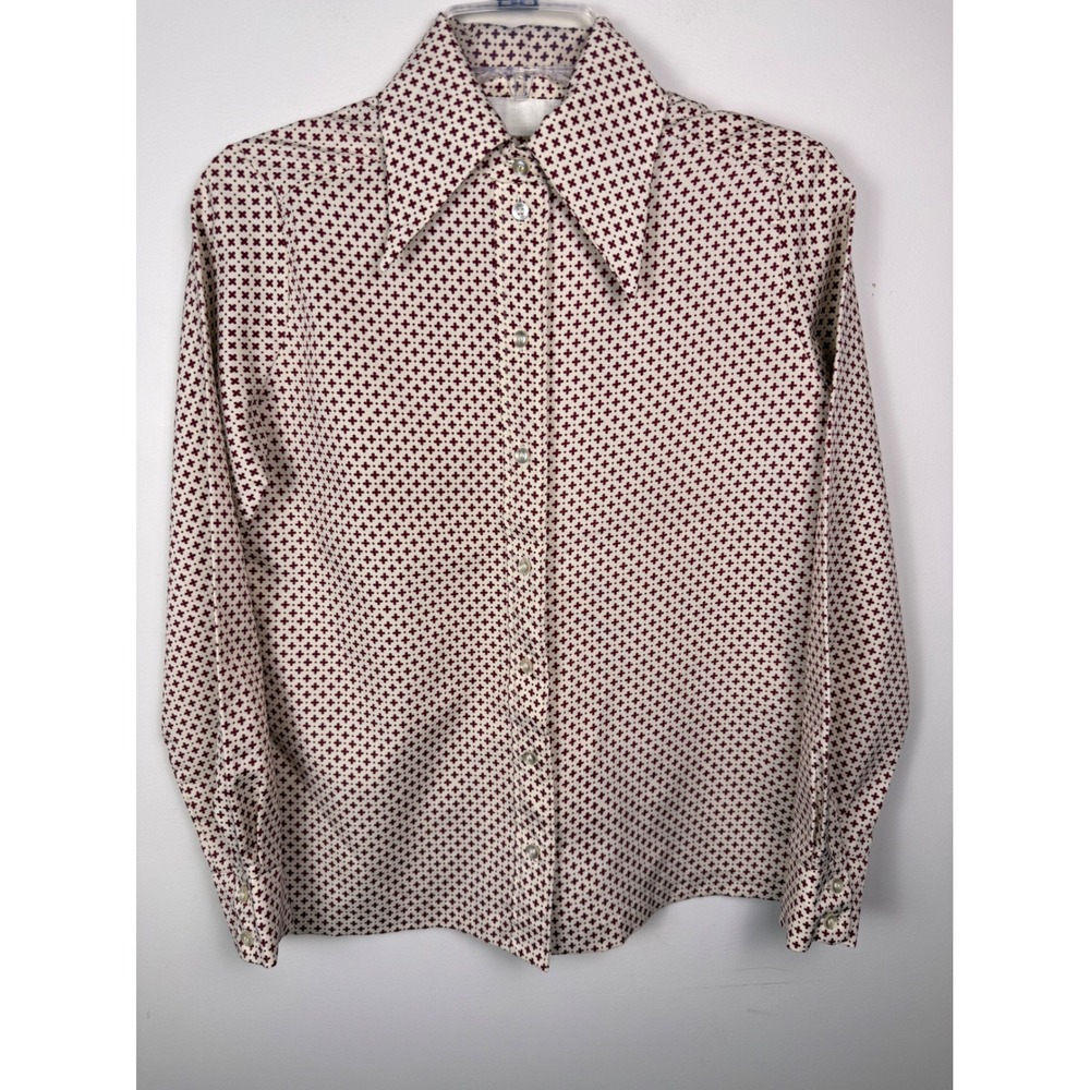 Vintage 70s Burgundy Geometric Cross Print Disco Collar Button Up Shirt Sz 8